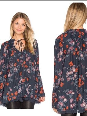 Free People Navy Floral Tie-Front Tunic with Orange Blooms pebble crepe so fine